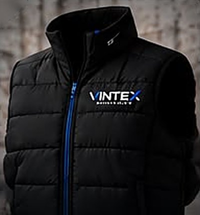 Black padded Vintex gilet with blue zip